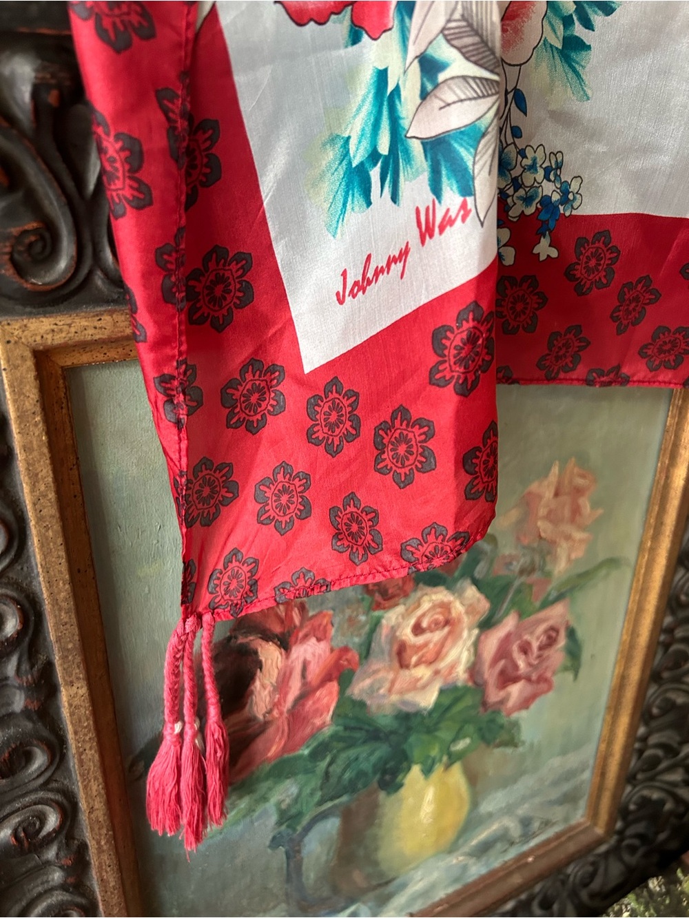Johnny Was Silk Floral Tassel Border Scarf in Aqua and Red - Picture 2 of 7